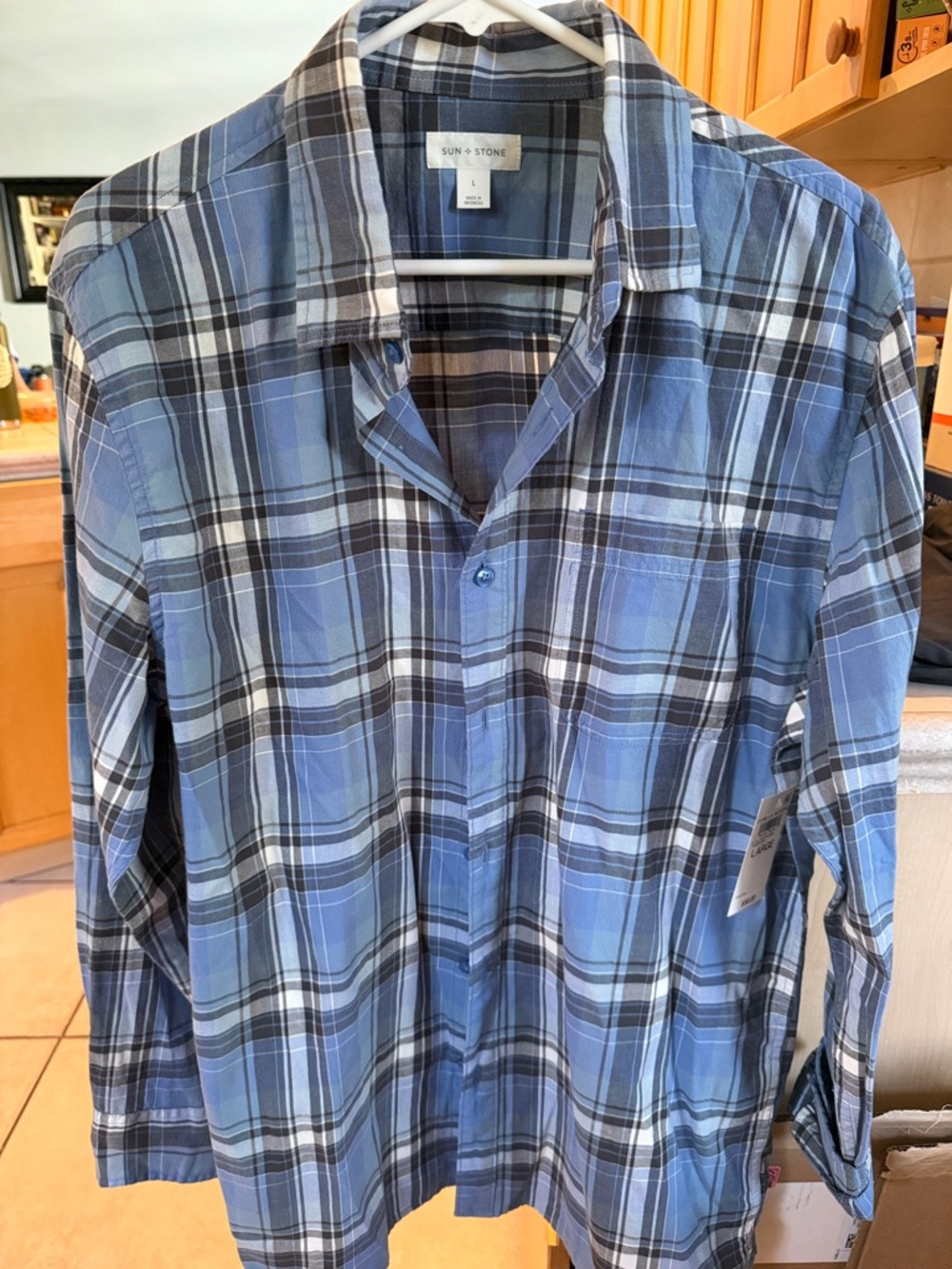 Sun + Stone Blue and White Plaid Button-Down Shirt